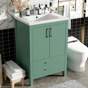 English Elm 24'' Green Bathroom Vanity with Ceramic Sink Combo — Modern Freestanding MDF & Solid Wood Storage, Soft-Close Doors, Silver Handles N710P228364F