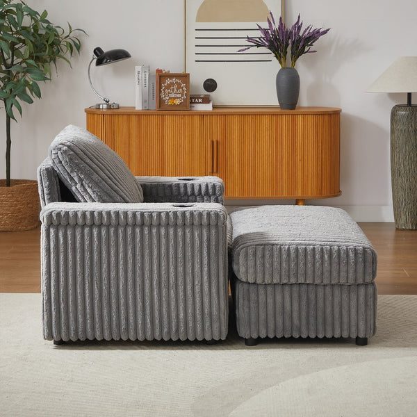 English Elm 42.5-inch corduroy single recliner with cup holder, storage ottoman, plush back pillow for lounging Grey W834P375123