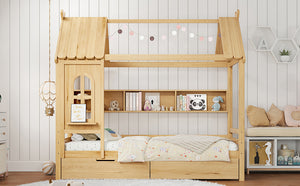 English Elm Twin House Platform Bed with Drawers & Shelves, Solid Wood Playhouse Frame for Kids, Cozy Design Natural W1580S00266