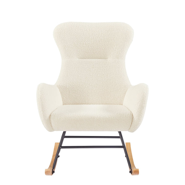 English Elm Beige Teddy Fabric Rocking Armchair with High Back for Nursery or Living Room W3985P400394