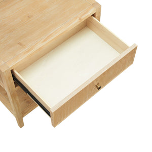 English Elm Fleur Natural 1-Drawer Nightstand with Reeded Drawer, Gold Pull, Tapered Legs, Lower Shelf, 29" H B050P376966