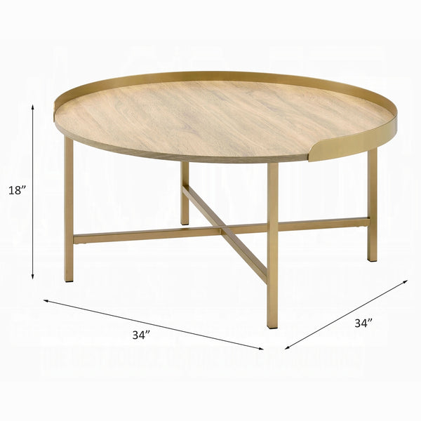 English Elm Modern Round Coffee Table with Cross-Bar Metal Base and Chic Metallic Finish for Elegant Living Spaces Gold,Oak 38 L x 38 W x 7 H B2741P337025