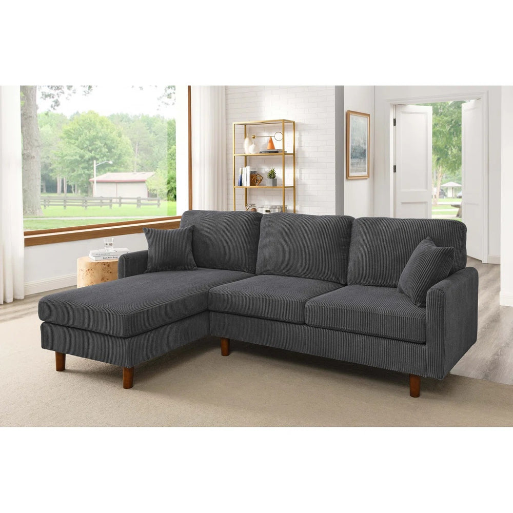 English Elm Corduroy Ribbed Upholstered L-shaped Sectional with Solid Wood Legs and Accent Pillows Dark Gray B2748S00176