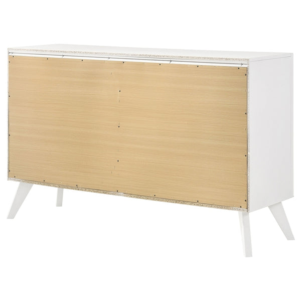 English Elm Contemporary Solid Wood White Dresser with Wave Fronts Bronze Knobs and Angled Legs B2741P470089
