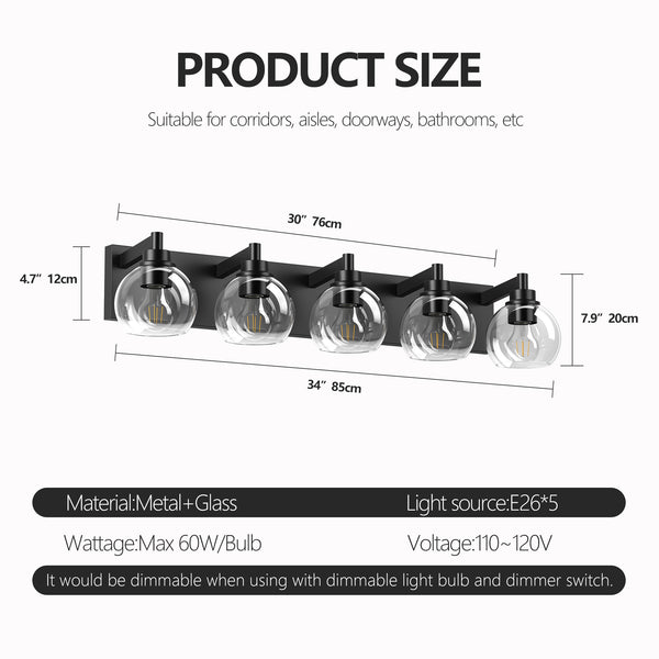 English Elm Bathroom Light Fixtures - 5-Lights Modern Black Vanity Sconce With Clear Glass Shades For Glam Spaces W1340P353041