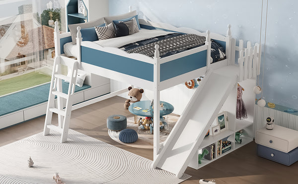 English Elm Queen Solid Pine Loft Bed with Wardrobe Shelves Detachable Slide and Dual Sleeping Zones Blue,Off White W5305S00029