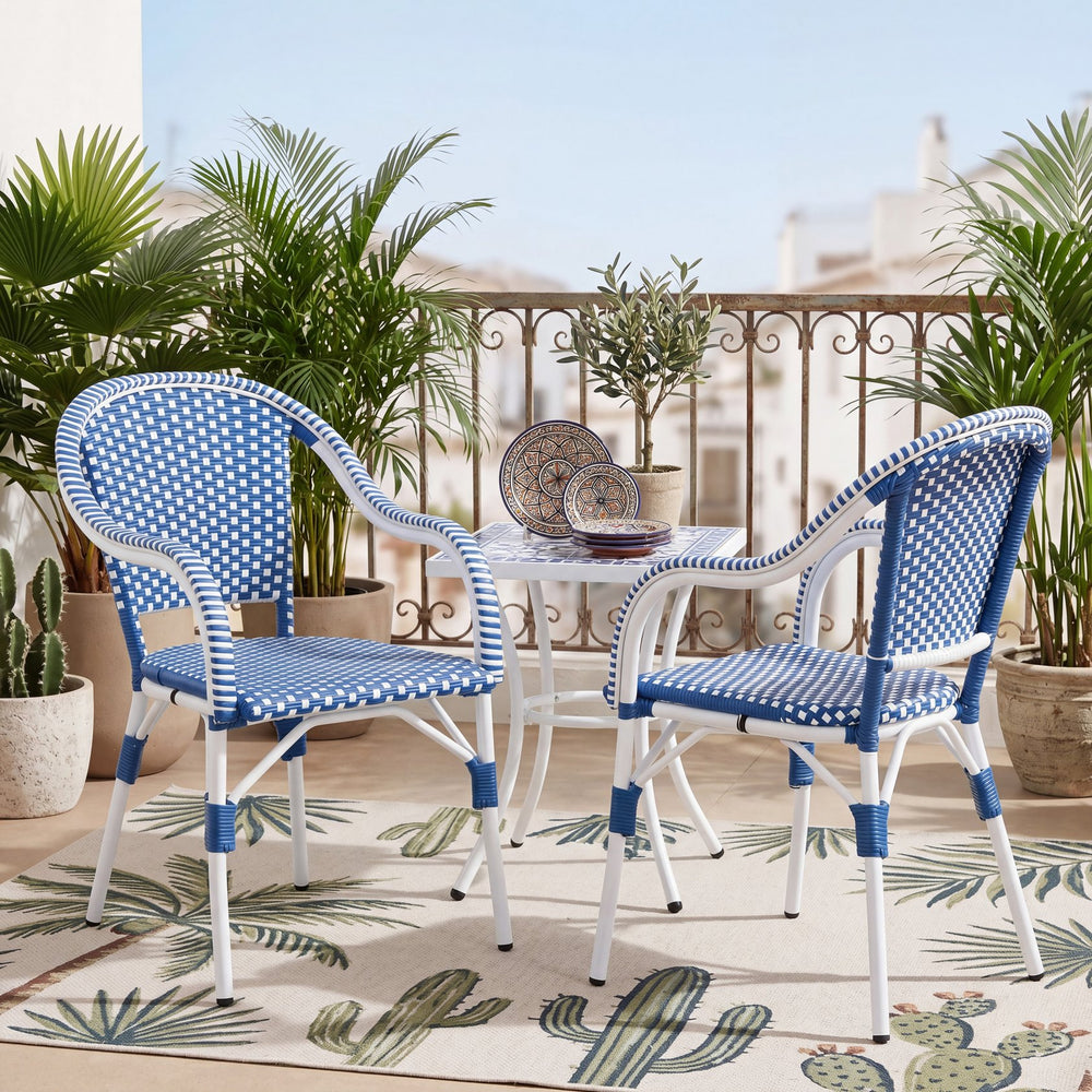 English Elm Outdoor Woven Rattan Bistro Armchairs Set of 2 Aluminum Frame Patio Cafe Seating Blue,White N768P386559W