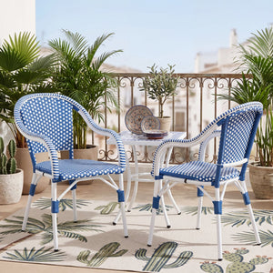 English Elm Outdoor Woven Rattan Bistro Armchairs Set of 2 Aluminum Frame Patio Cafe Seating Blue,White N768P386559W