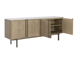 Sunpan Briar Mid-Century Modern Sideboard with White Marble Top and Antique Brass Accents for Stylish Storage Weathered Oak