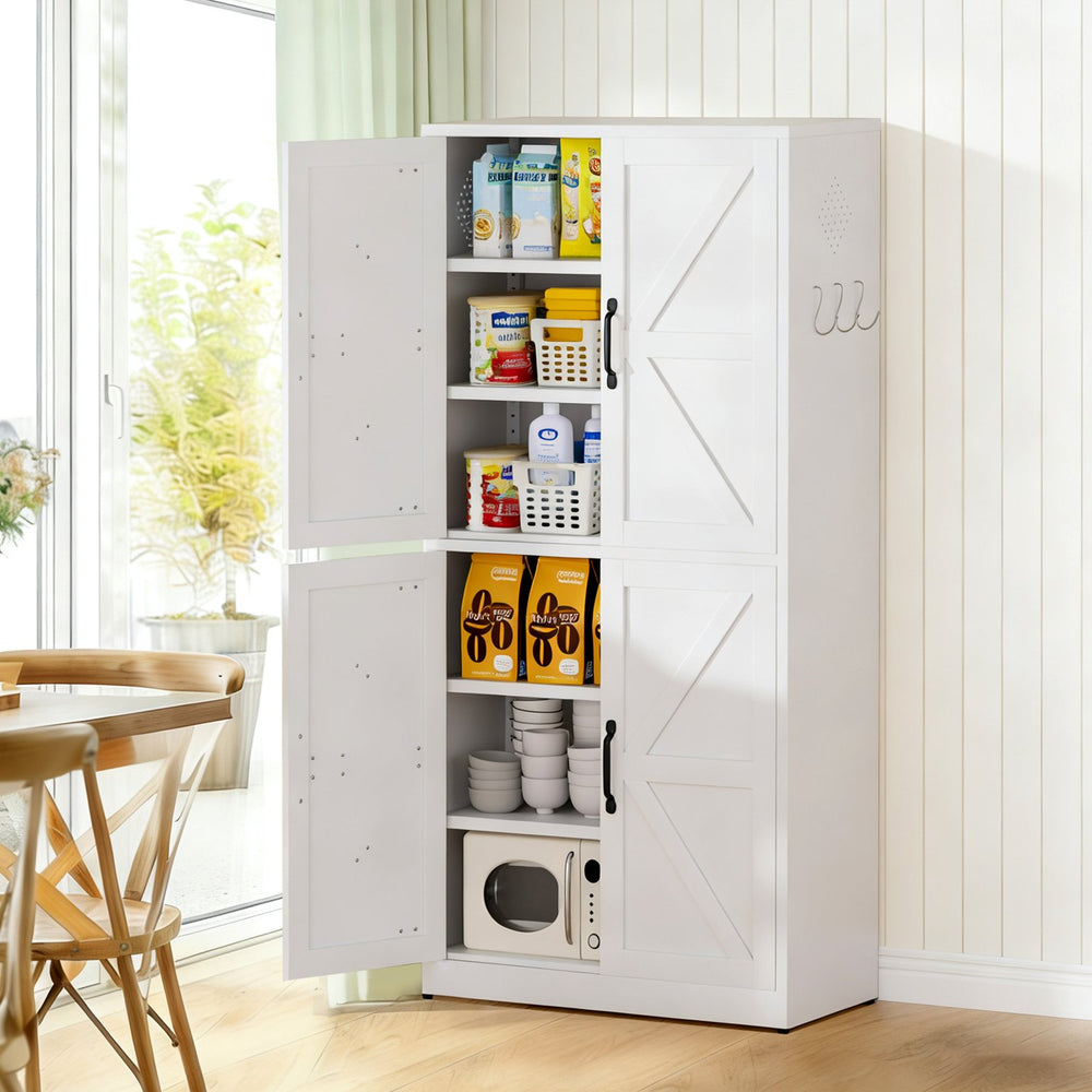 English Elm White Powder-coated Steel Pantry Cabinet with Adjustable Shelves for Kitchen or Bath T2398P413027