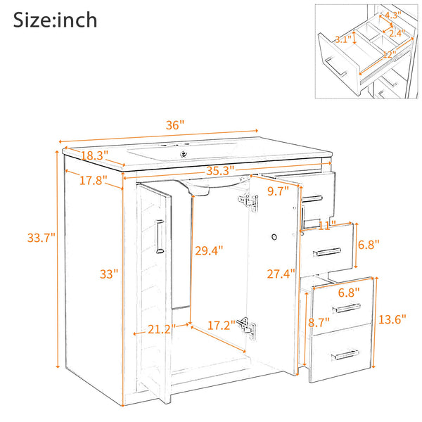English Elm 36'' Bathroom Vanity with Ceramic Sink Combo Solid Wood Frame Soft-Closing Drawers Ample Storage Elegance Green N710P243327F