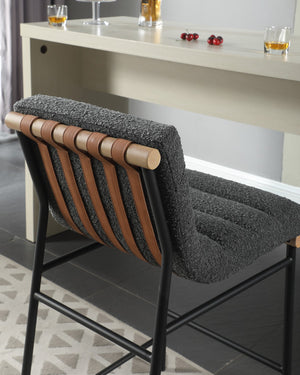 English Elm Liana Boucle Upholstered Counter Stool with Cognac Leather Accents and Iron Legs Dark Gray B2749P413185