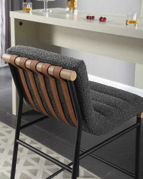 English Elm Liana Boucle Upholstered Counter Stool with Cognac Leather Accents and Iron Legs Dark Gray B2749P413185
