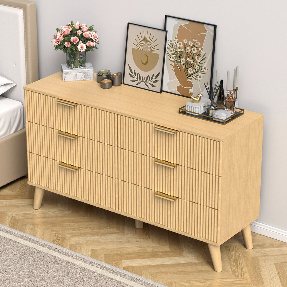 English Elm 6 Drawer Fluted Wood Dresser Natural Finish Compact Chest for Nursery or Bedroom T3773P415502