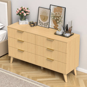 English Elm 6 Drawer Fluted Wood Dresser Natural Finish Compact Chest for Nursery or Bedroom T3773P415502