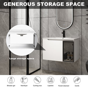 English Elm 30" Floating Bathroom Vanity Glossy White Plywood Cabinet with Frosted Glass Door W999S00524