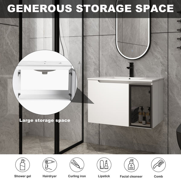 English Elm 30" Floating Bathroom Vanity Glossy White Plywood Cabinet with Frosted Glass Door W999S00524