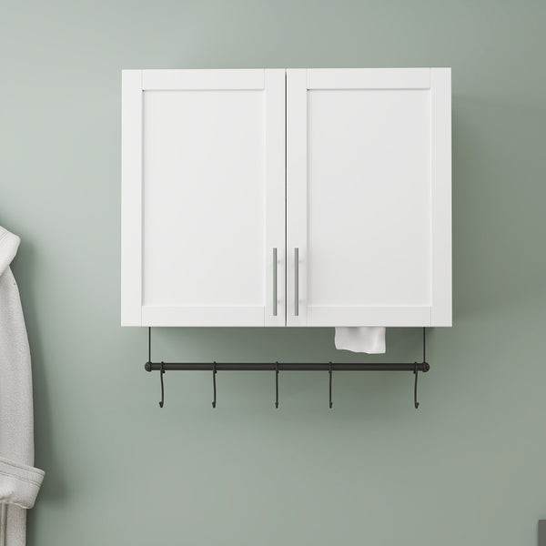 English Elm Bathroom Wall Cabinet with Adjustable Shelf, Towel Bar, 5 Hooks, Space-Saving Over-Toilet Storage, White W331P281277