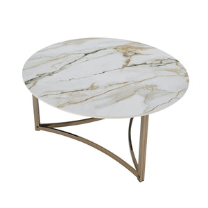 English Elm Aziz Round Sintered Stone Coffee Table with Champagne Metal Frame, Curved Crossbar Modern Centerpiece White 41 L x 39.25 W x 7.75 H B2726P245883