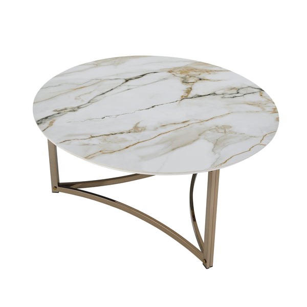 English Elm Aziz Round Sintered Stone Coffee Table with Champagne Metal Frame, Curved Crossbar Modern Centerpiece White 41 L x 39.25 W x 7.75 H B2726P245883