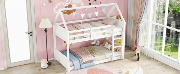 English Elm Twin Over Twin House Bunk Bed With Guardrails, Ladder & Cozy Floor Bed - White Rubberwood Design W504P227938-GIGA