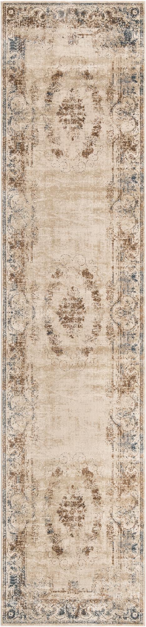 Unique Loom Chateau Lincoln Machine Made Border Rug Blue Cream, Brown/Gray/Beige 3' 0" x 13' 1"