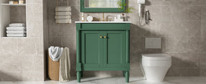 English Elm 30" French Style Bathroom Vanity with Ceramic Basin Soft Close Doors Wood Legs Green N710P415327F