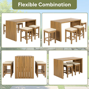 English Elm 5 Piece Outdoor Bar Set Acacia Wood Table & 4 Cushioned Stools, Removable Beige Cushions, Durable N704G201252A