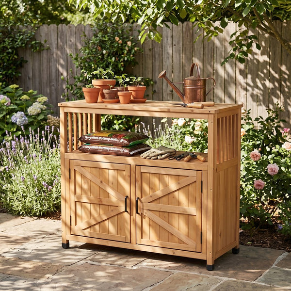 English Elm Wooden Solid Bar Height Buffet Cabinet with Slatted Panels for Patio or Dining Room W2640P330336