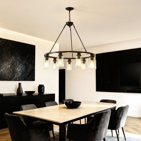 English Elm 9-light Matte Black Wagon Wheel Chandelier Seeded Glass Farmhouse Dining Room W5008P390906