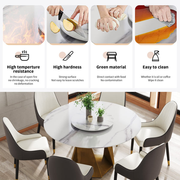 English Elm 53" Round Marble Dining Table with Sintered Stone Top and Iron Pedestal Base, Seating for 6, 400 lb Capacity Bronze,White W1535S00568