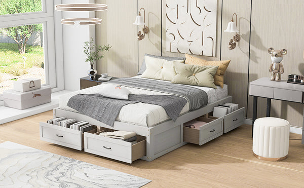 English Elm Queen Platform Bed with Six Storage Drawers Low Profile Frame for Modern Bedrooms Antique White N708P263022K-1