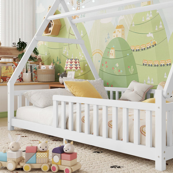 English Elm Twin Montessori Floor Bed House Frame with Led Lighting and Safety Rails for Kids White W2593P440589