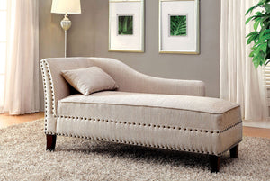 English Elm Modern Upholstered Chaise with Nailhead Trim and Curved Arm, Linen-Like Fabric, Dark Cherry Frame Beige 61 L x 26 W x 24 H B2741P305689
