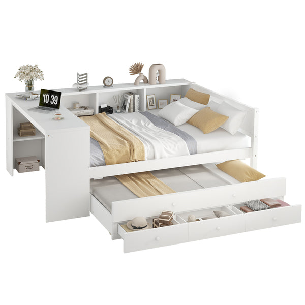 English Elm Full Size Daybed With Trundle & Desk, Solid Pine Frame, Storage Drawers, Modern White Design W1580S00205