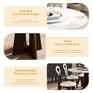 English Elm Modern Round Dining Table Set - 59" Sintered Stone Top With Walnut Base & 360° Lazy Susan For 8 People W2700S00014