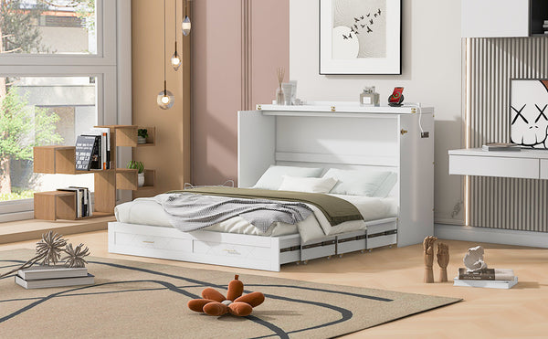 English Elm Queen Murphy Wall Bed Cabinet with Storage Drawer Built-in Power Outlets Usb Ports White LP000400AAK