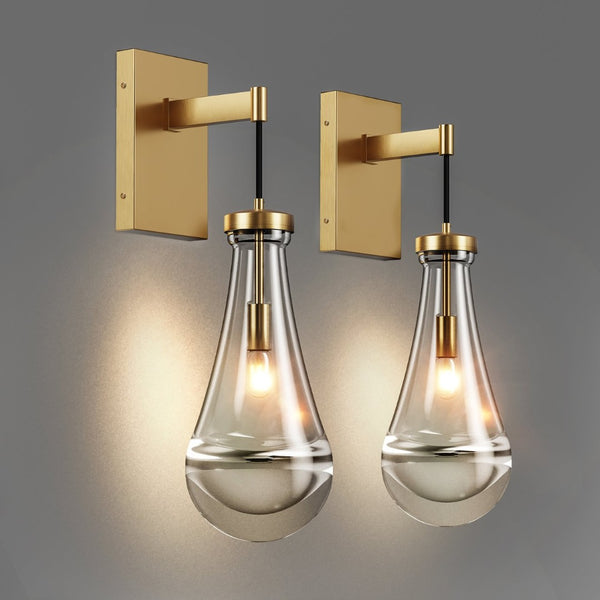English Elm Wall Sconces Set Of Two - Modern Art Deco Brass Lighting With Dimmable Raindrop Glass Shades W2312P389961-GIGA