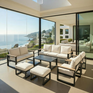 English Elm All-weather 9 Seat Aluminum Patio Conversation Set with Tempered Glass Table Beige+Grey B082S00114