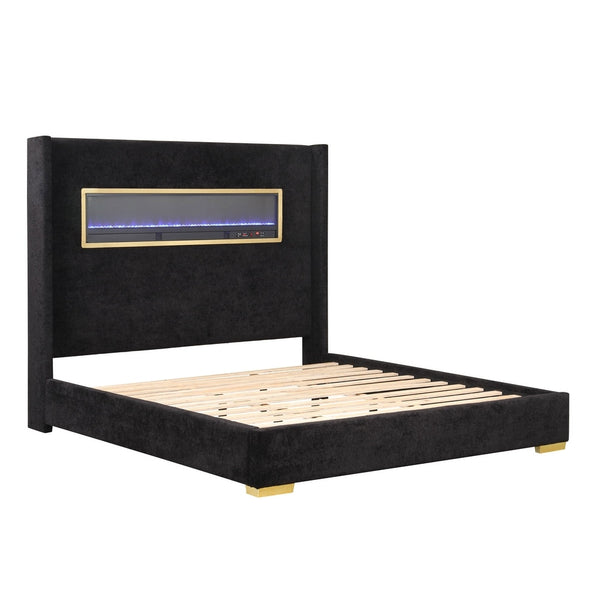 English Elm Contemporary Queen Platform Bed Upholstered Fabric Headboard with Built-in 3d Fireplace B2741P439939