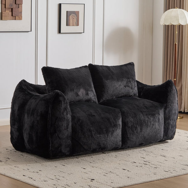 English Elm Giant Ultra Soft Fluffy Loveseat Bean Bag Sofa for Adults, Oversized Shredded Foam Couch with Pillows Black W3723P353894