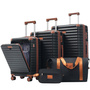 English Elm Luggage 5 Piece Abs Hardshell Travel Set with Usb Port Spinner Wheels and Tsa Lock Black Brown N732P265290B