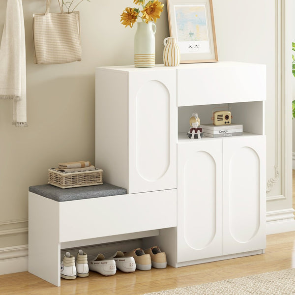 English Elm On-Trend 2-In-1 Shoe Cabinet With Soft Cushion & Arched Doors – Modern Storage Bench For Entryway, White N721P245716K-GIGA