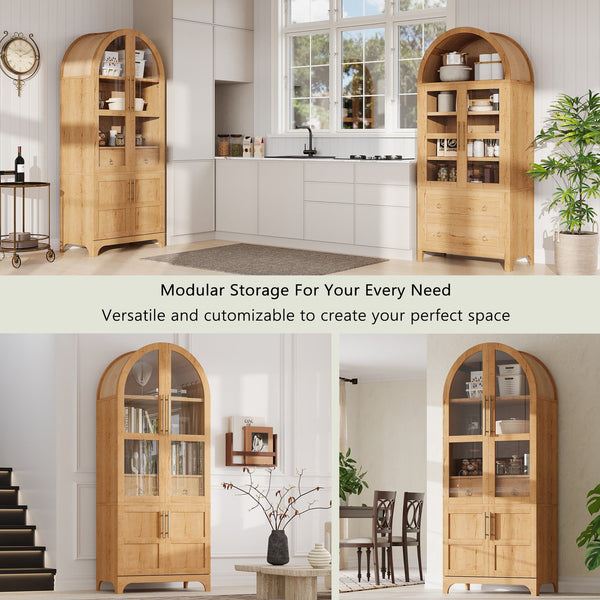 English Elm K&K Arched 71" Kitchen Pantry Cabinet with Glass Doors, Brass Handles, Adjustable Shelves & Drawer Natural N707P288969Y