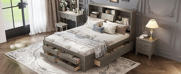 English Elm King Solid Wood Platform Bed with 8 Drawers and Storage Headboard, Durable MDF Frame, 500lb Capacity Gray GX000454AAE