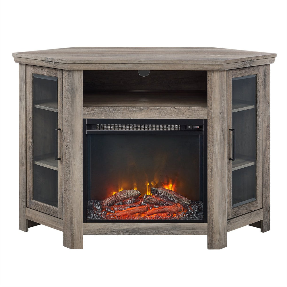 English Elm Walker Edison - Classic Glass-Door Fireplace TV Stand Corner Console with Electric Fireplace, Space-Saving MDF Design White Oak B185P169416