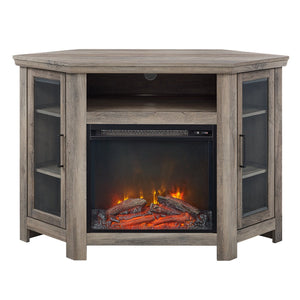 English Elm Walker Edison - Classic Glass-Door Fireplace TV Stand Corner Console with Electric Fireplace, Space-Saving MDF Design White Oak B185P169416