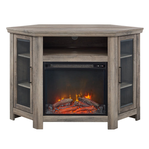 English Elm Walker Edison - Classic Glass-Door Fireplace TV Stand Corner Console with Electric Fireplace, Space-Saving MDF Design White Oak B185P169416