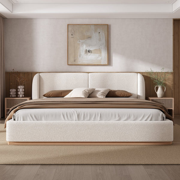 English Elm California King Boucle Wingback Bed Sculptural Upholstered Frame for Modern Bedrooms N757C387467W