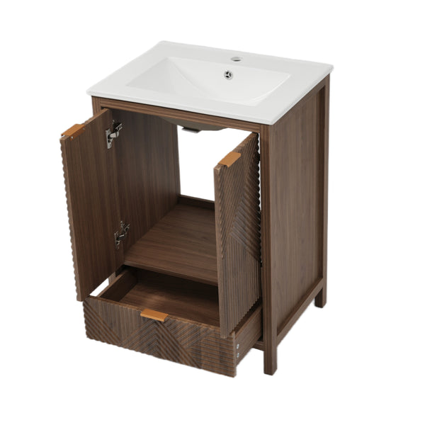 English Elm Christopher Knight Home® - 24 24-Inch Bathroom Vanity with Ceramic Sink, Textured Panels, Soft-Close Drawer & Large Storage Brown N817P339017B
